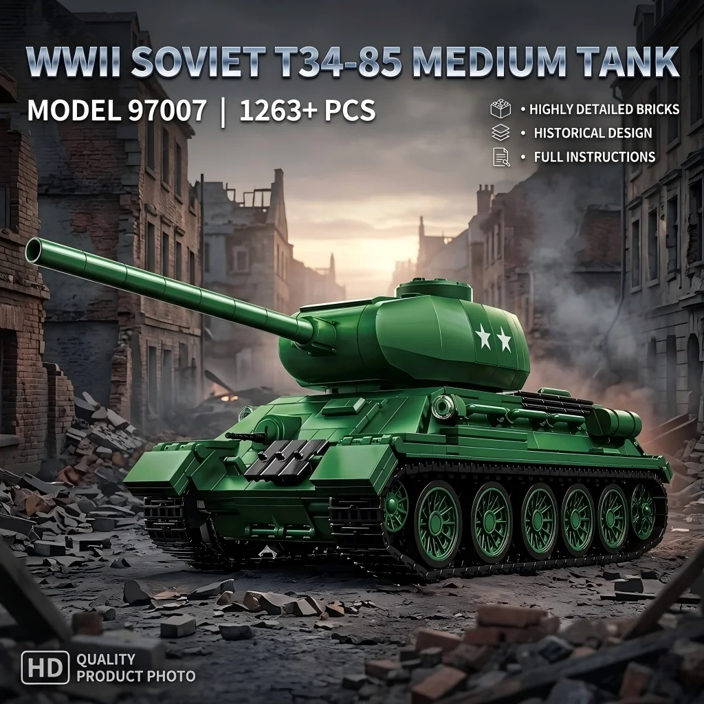 

⁠MOC WW2 Soviet Red Army T34-85 Medium Tank Military Building Blocks 1263pcs DIY Armor Vehicle Model Bricks Kit Toy for Boy Gift