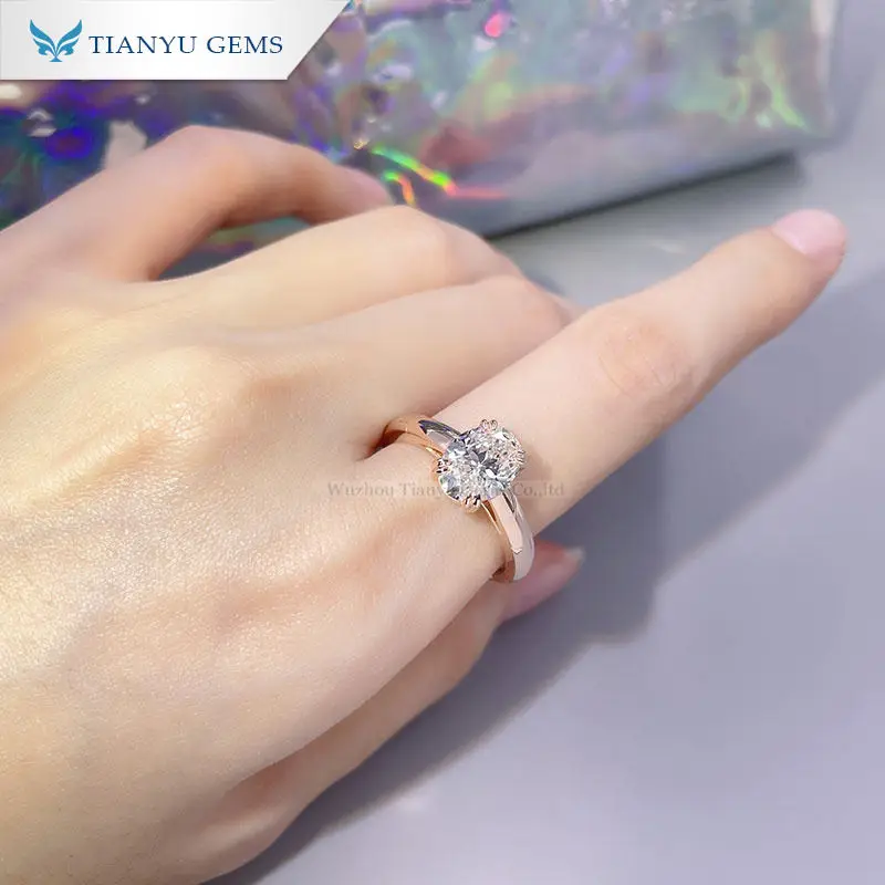 Tianyu Gems 2ct Solitaire Oval Diamonds Rings Women 10k/14k/18k Rose Gold Wedding Rings 7x9mm DEF Moissanite Customized Jewelry