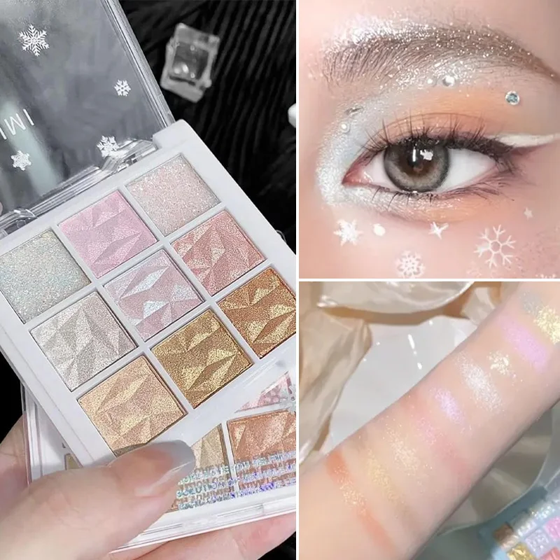 Paleta de sombras de ojos con brillo de nueve colores, que contiene brillo fino, lentejuelas y reflejos para iluminar los ojos.