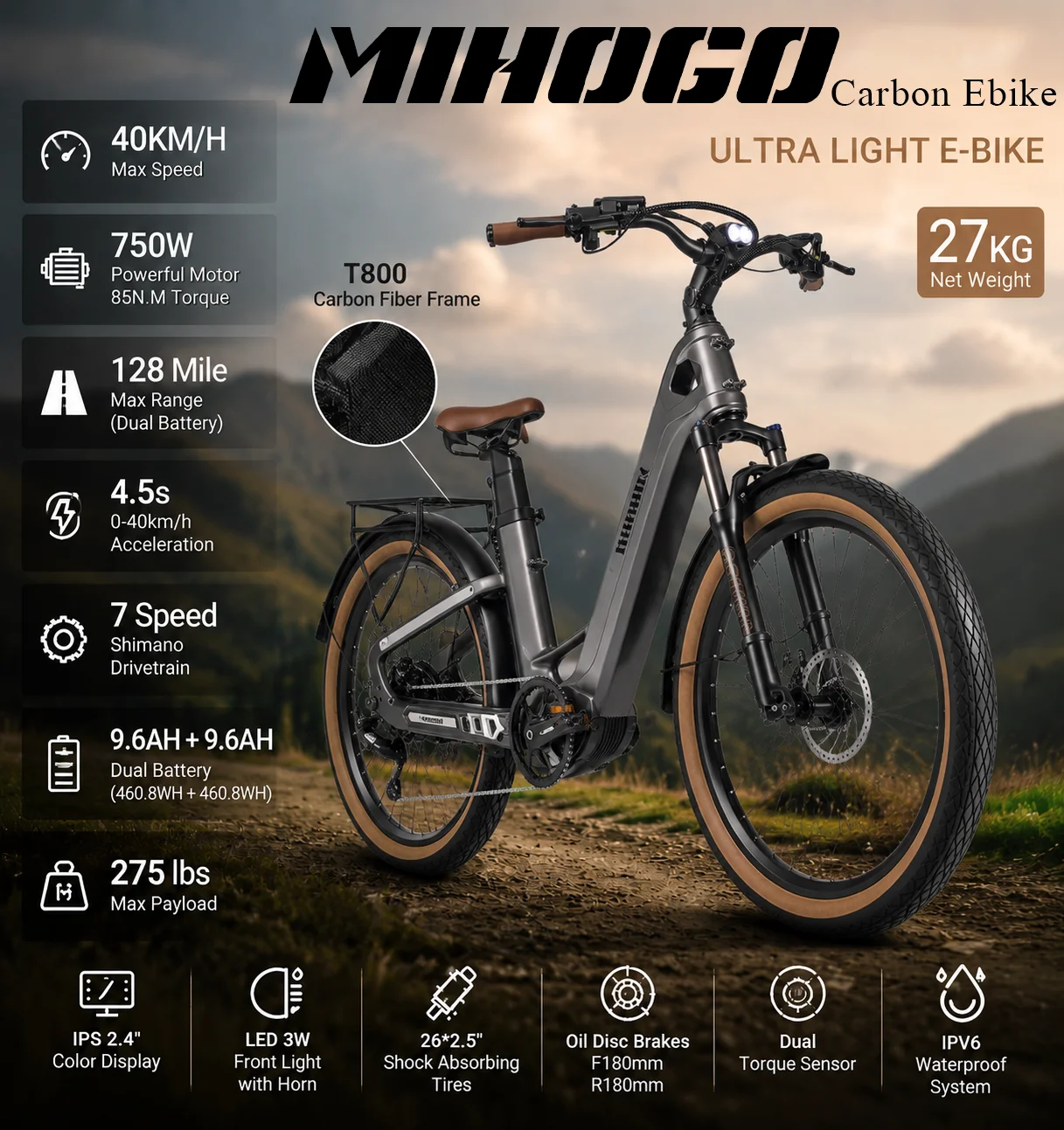 Vélo électrique en fibre de carbone, 26' x 2.5 750W 85Nm, double batterie, vélo électrique ultraléger, 19.2 Ah, 7 vitesses, freins hydrauliques - MIHOGO AIR 750 E Bike
