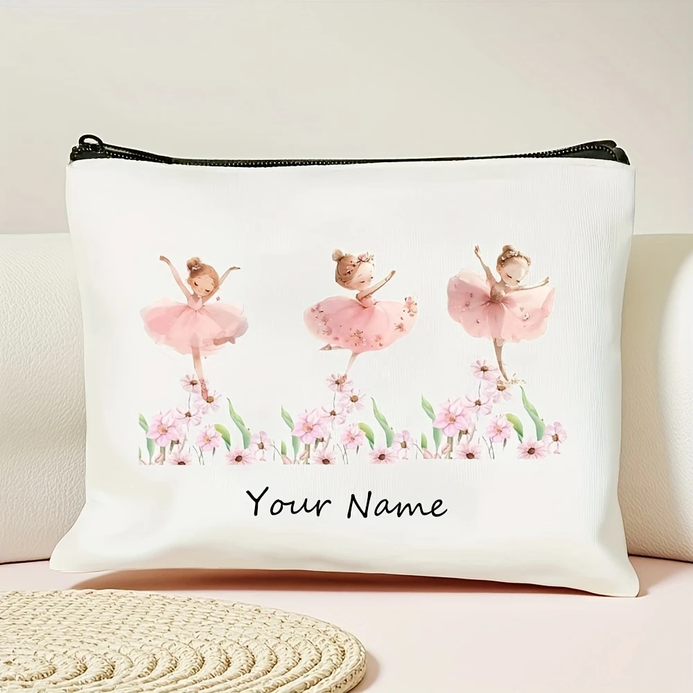 Personalized Cute Cartoon Ballet Girl Pink Floral Cosmetic Bag Custom Name Large Foldable Light Travel Daily Party Handbag