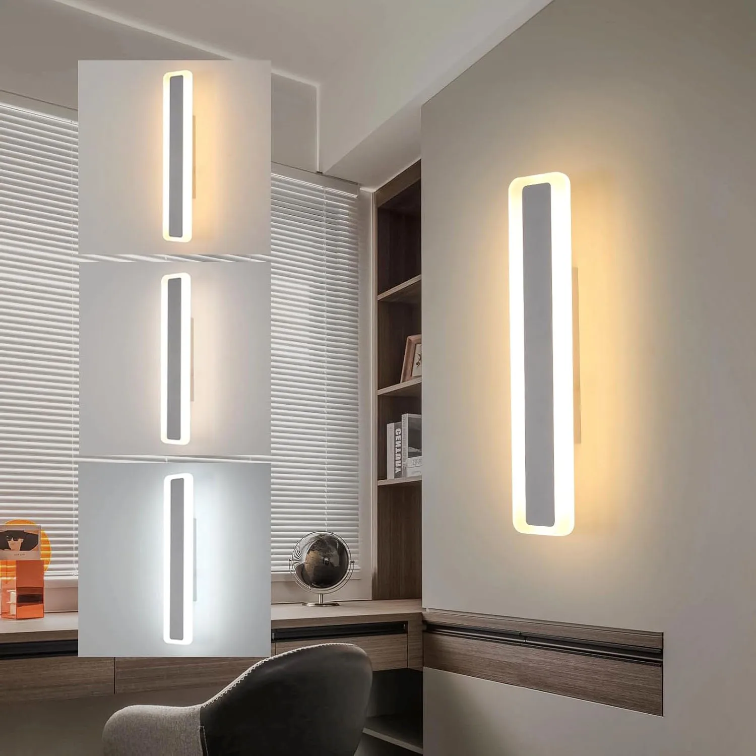 Applique murale d'intérieur LED moderne à intensité variable, 3000K/4500K/6500K à intensité variable 16W 1800LM, applique murale intérieure en acrylique pour chambre à coucher, 40 cm