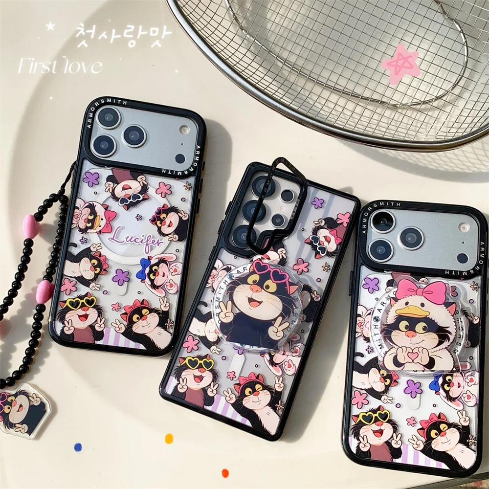 

Funny Cartoon Black Cat Phone Case for Samsung Galaxy S25 plus S23 S24 FE S26 Ultra EDGE Cover With Magsafe Stand Chain Cases