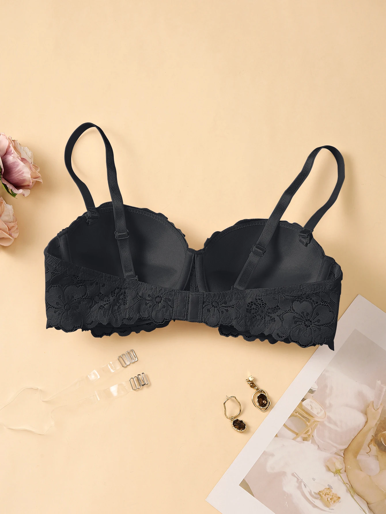 Women's sexy bra floral lace comfortable bra with underwire push up support thin half cup straps detachable off-the-shoulder bra