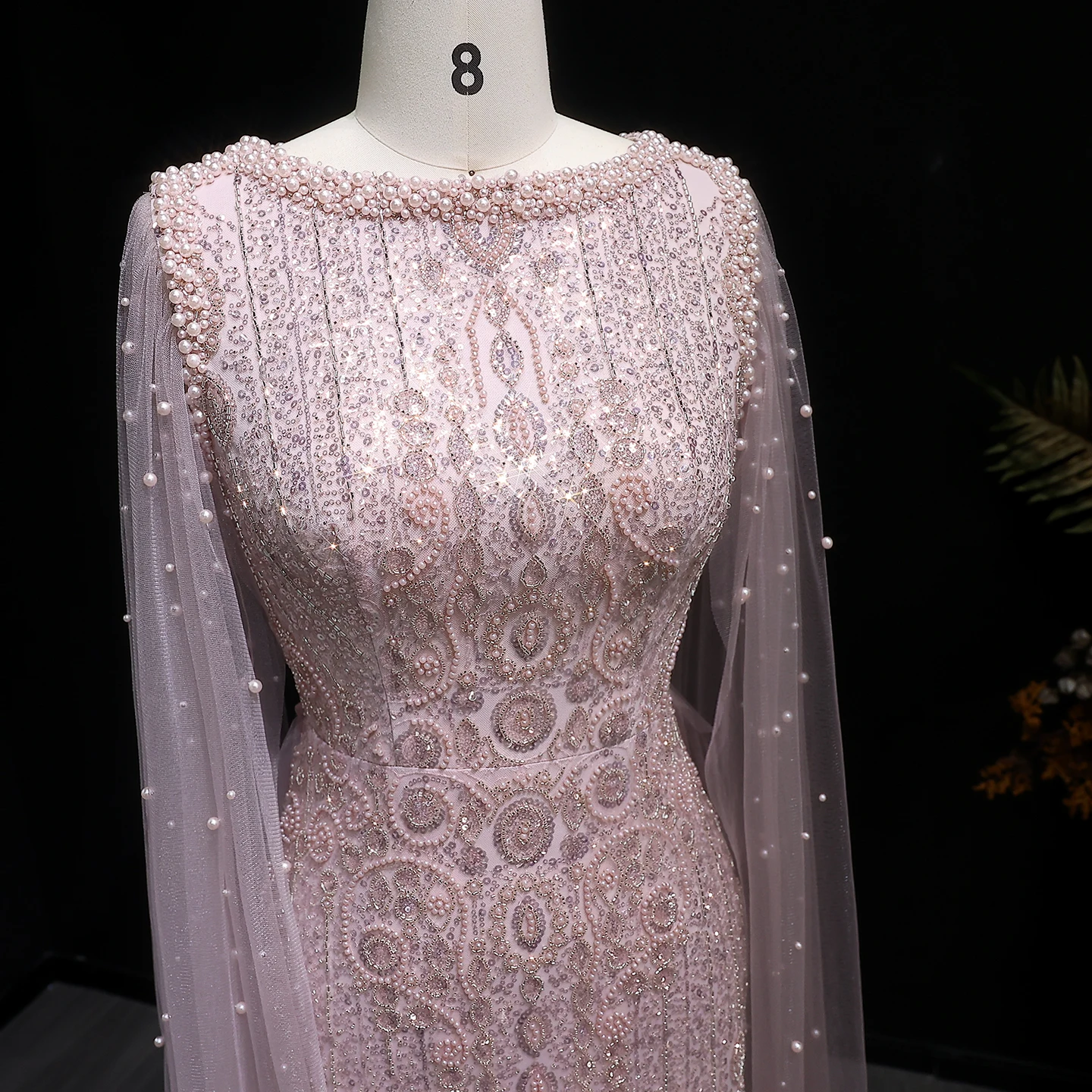 Sharon Said Luxuriöses Champagner-Abendkleid mit Cape-Ärmeln, Pailletten und Perlen, für formelle Anlässe und Partys, SS668, maßgeschneidert – Detail 13