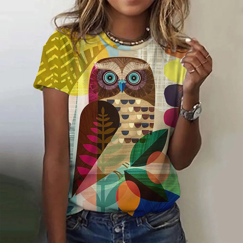 Animals Print Women's Round T Shirts Summer Fashion Short Sleeve Top Kawaii 3d Owl Print Oversized Female Clothing Ladies Tees