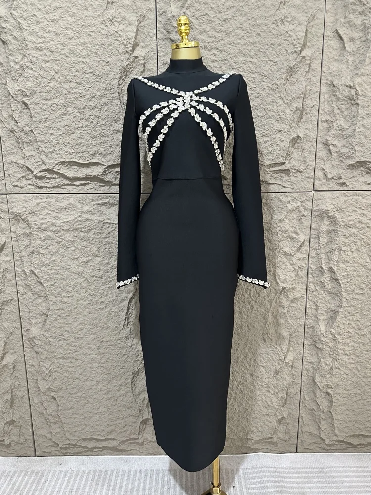 

Autumn fashion new black rhinestone long sleeved slim bandage dress elegant fashion evening party dress vintage