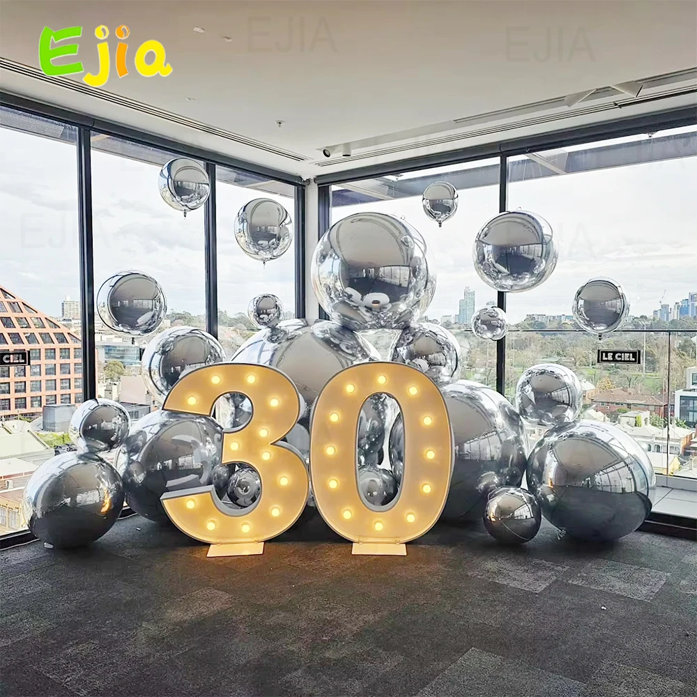 Inflatable Mirror Balls Set-6pcs Shiny Silver Airtight Giant Mirror Balloon Hanging PVC Sealed Sphere Ball For Party Decoration