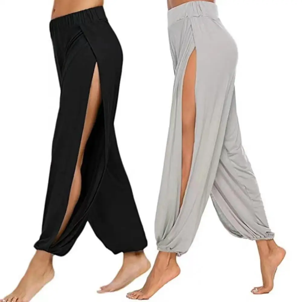 Women Solid High Slit Haren Pants Summer Hippie High Waisted Wide Leg Yoga Pant Gym Sport Running Baggy Legging Casual Homewear