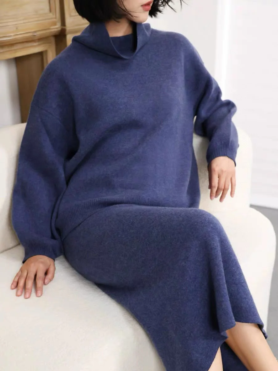 Luxuoso outono inverno feminino malha 100% saia de caxemira terno