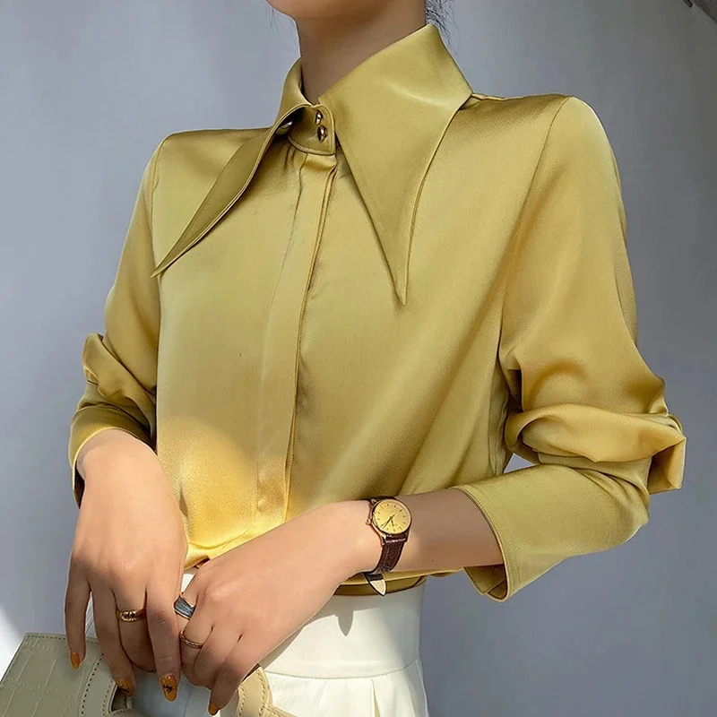 Elegancka jedwabna koszula z kołnierzykiem Vintage Button Satin Blouse Fashion White Lantern Long Sleeve Office Lady Tops Blusas 16946 — zdjęcie 2