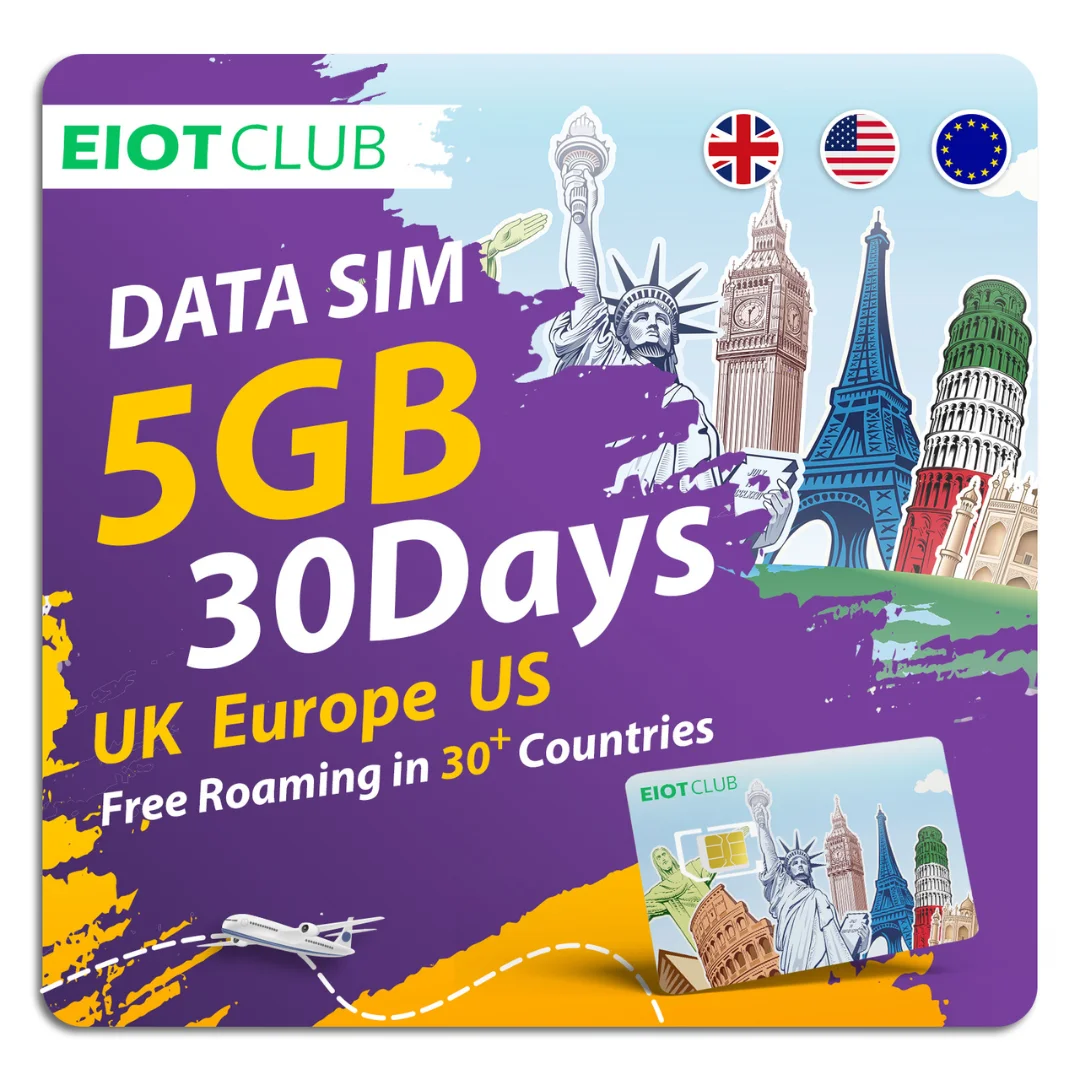 EIOTCLUB 선불 유럽 SIM 카드, 5GB, 30 일, 37 개 유럽 국가 및 미국 지원, 고속 5G/4G, 로밍 요금 없음