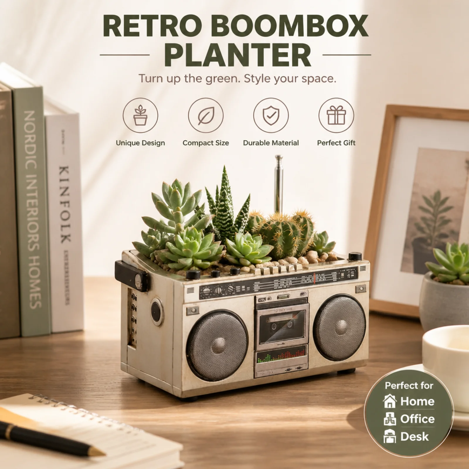 

Tape Audio Device Flower Pot Creative Design Cassette Player Planter Pen Box Multi-Use Storage Radio Planter for Desk Office