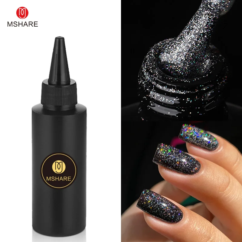 MSHARE 100g Reflective Glitter Top Coat Gel Semi Permanent Uv Nail Polish Holographic Glitter Sparkling No Wipe Soak Off