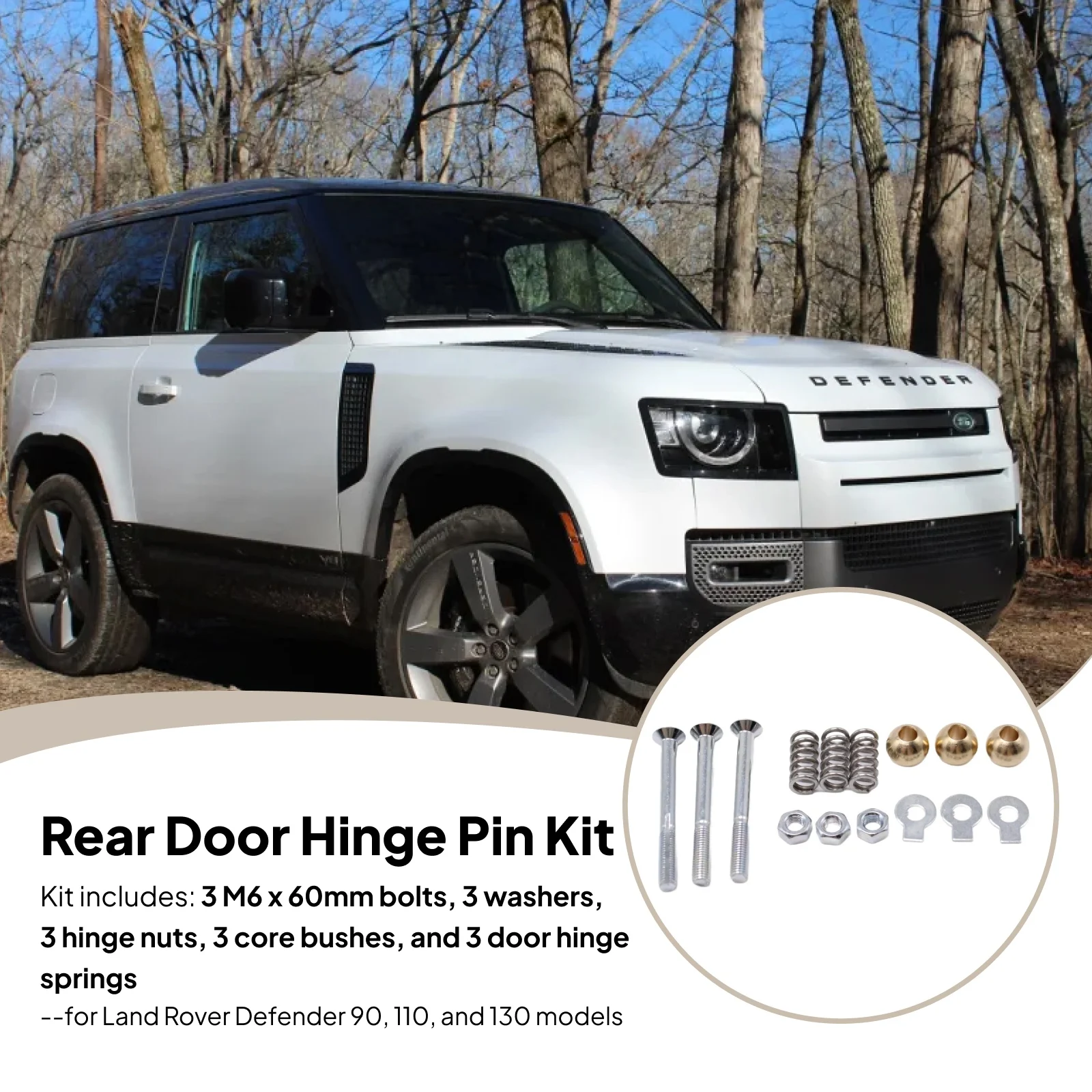 

Complete Rear Door Hinge Pin Spring Nut Bolts Kit Heavy Duty for Land Rover Defender 90 110 130
