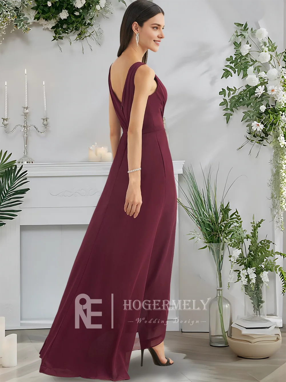 Gaun Pengiring Pengantin Sifon C Cabernet Gaun Malam Pesta Pernikahan Asimetris Kerah V A-Line Gaun Koktail Tamu 2025 Wanita