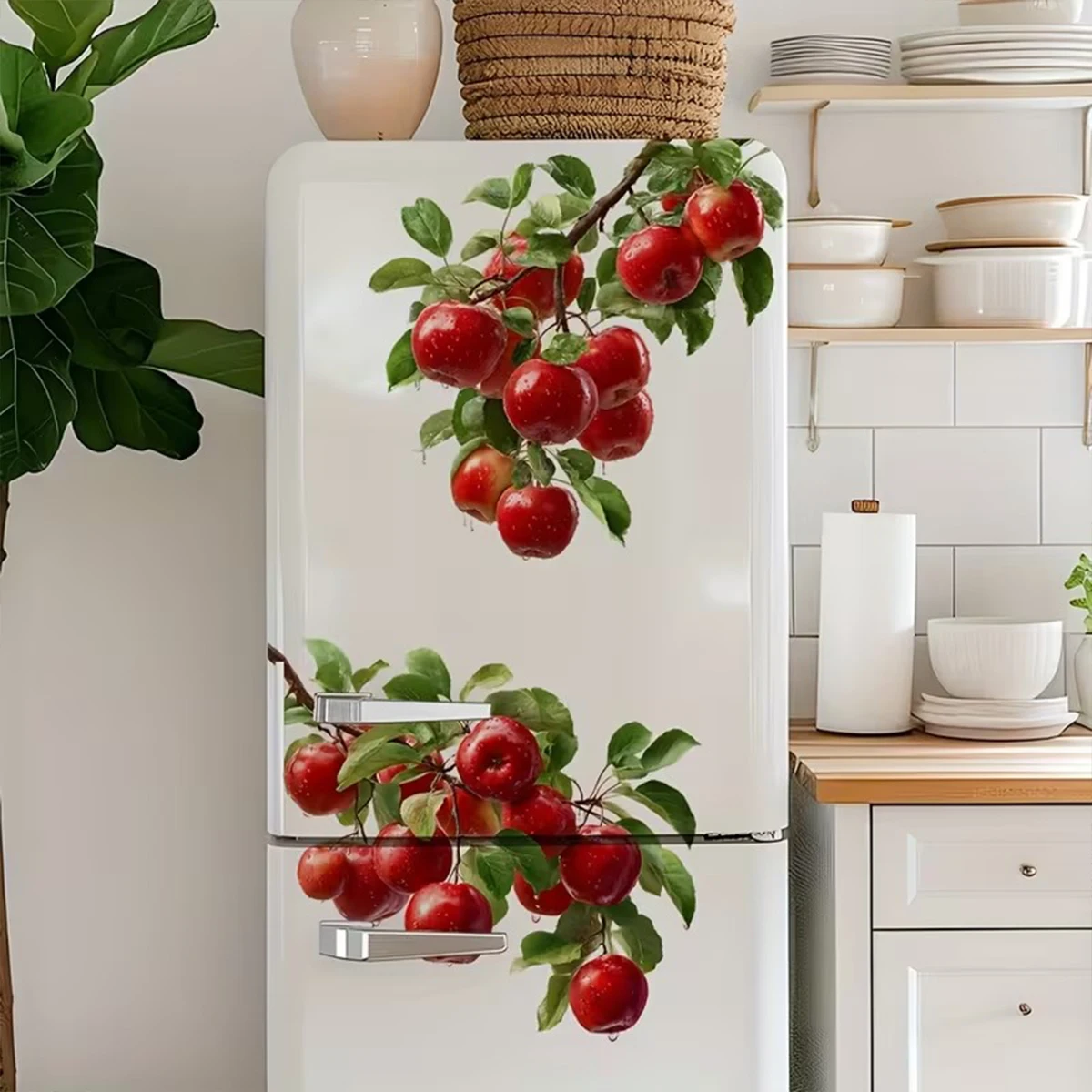 3D Red Apple Refrigerator Magnet, Waterproof Vinyl Wall Sticker, Apple Branch Pattern, Suitable for Kitchen and Home Decoration view 2