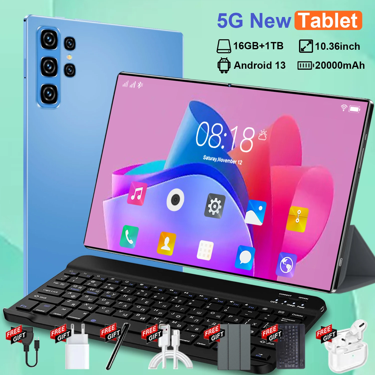 Tablet PC de 10.36 Pulgadas, Android 13.0, Google Play, 5G, Bluetooth, 20000mAh, 14 Núcleos, Cámaras Duales, Doble SIM, Wi-Fi, 16GB + 1TB ROM