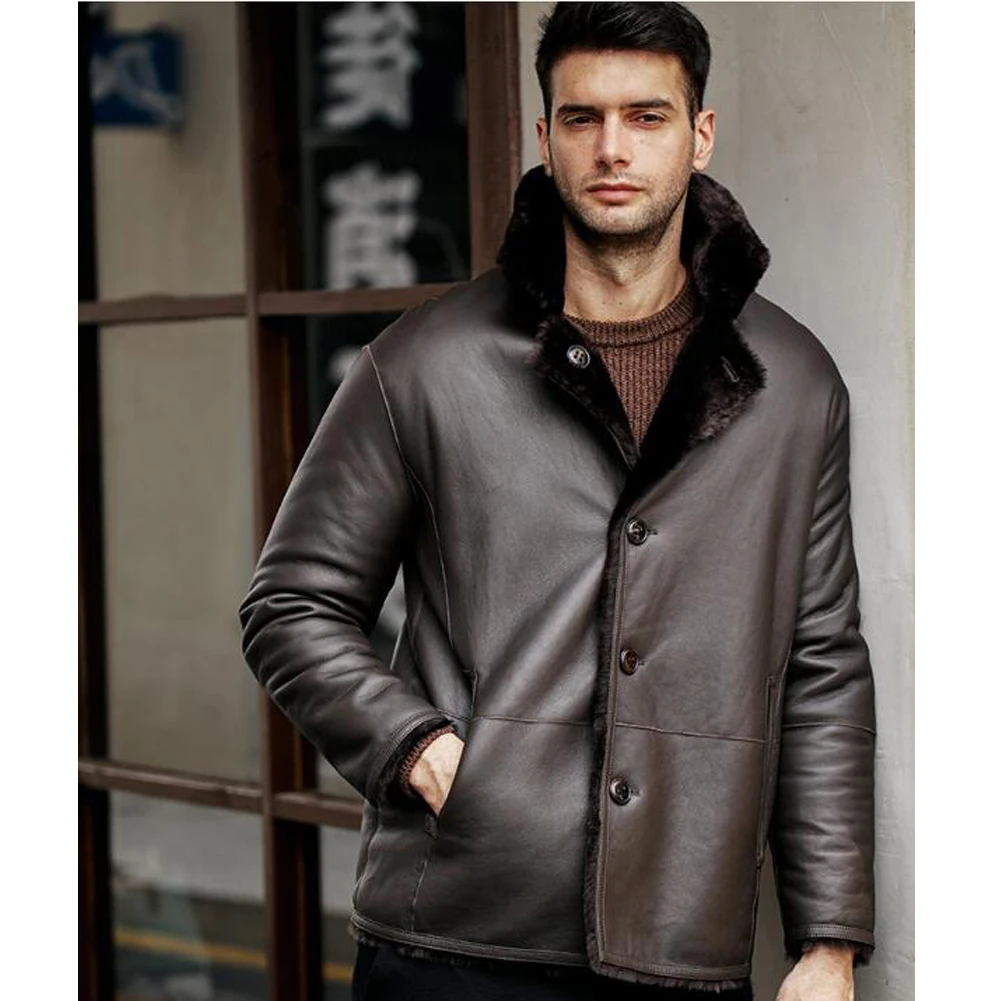 Denny&Dora Mens Shearling Jacket Double-Sided Wearable Turkey Imported Suit Collar Sheepskin Coat