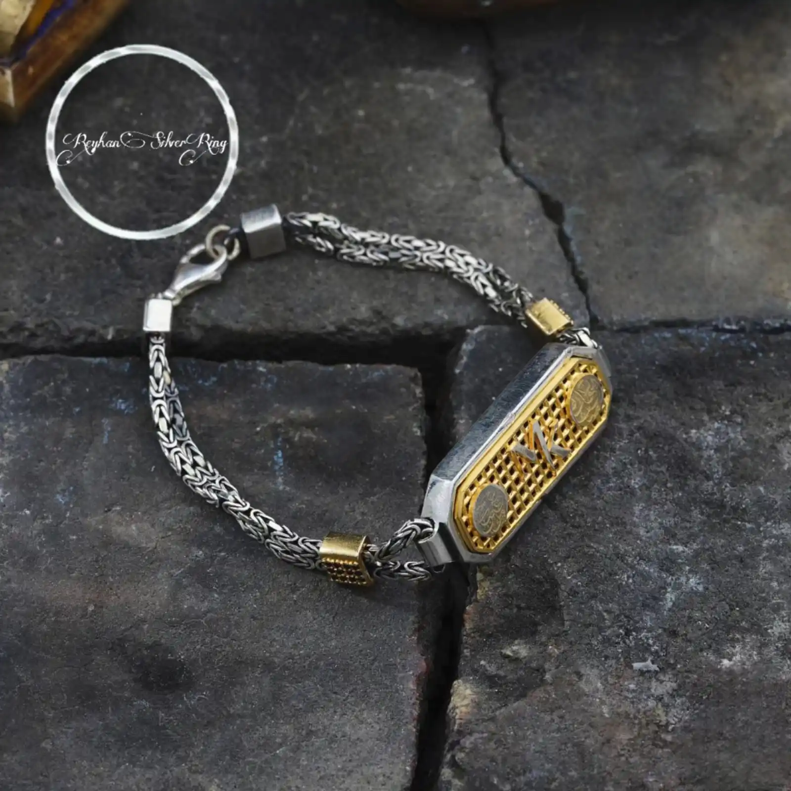 Father's Day Gift: Men's Personalized Bracelet in 925 Silver with Gold Initials - Custom Jewelry for Husband