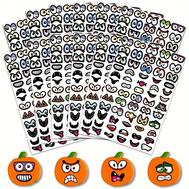 720 PCS Halloween Face Stickers – DIY Self-Adhesive Eye and Mouth Labels for Pumpkins, Party Decoration, Journals, Bottles.