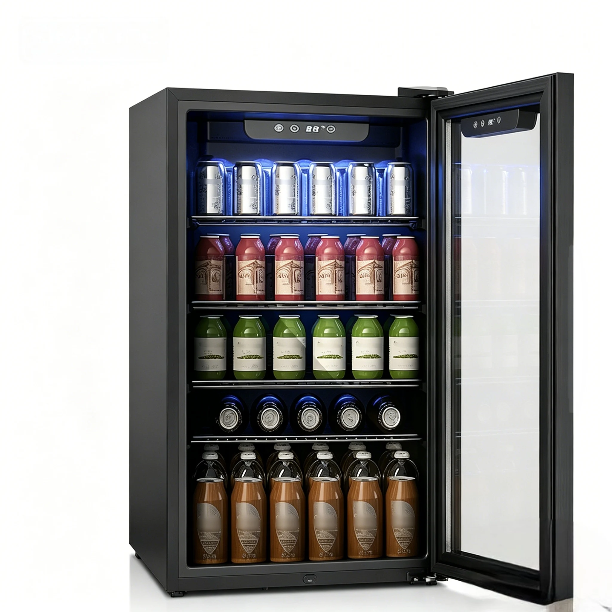 EKOJUCE Beverage Refrigerator and Cooler, 126 Can Mini fridge with Glass Door, Small Refrigerator with Adjustable Shelves for Soda Drinks or coco, Perfect for Home/Ba r/Office (Black/Sliver Steel)