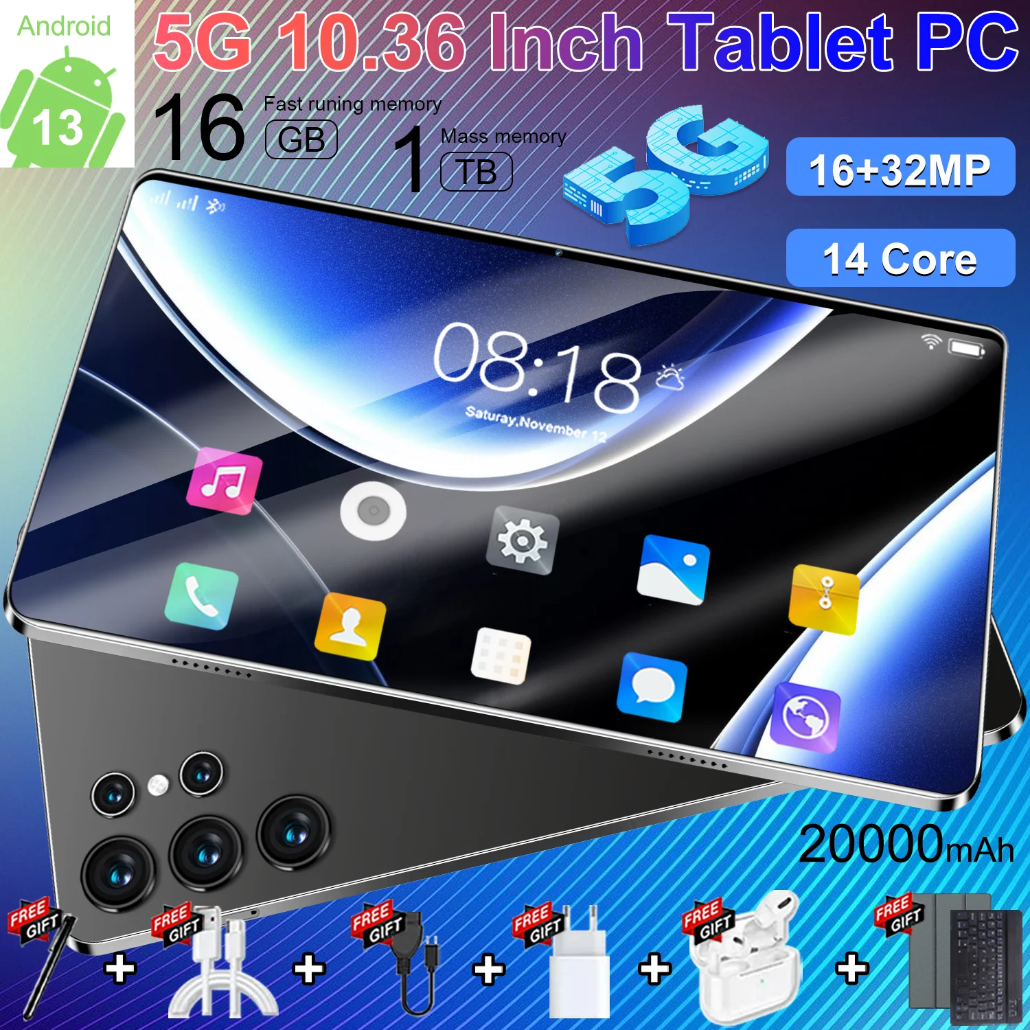 Tableta Android 2026 de 16GB+1TB, 20000mAh, 10.36 pulgadas, Versión Global, Nueva Red, 14 Núcleos, Android 13.0, Wifi.