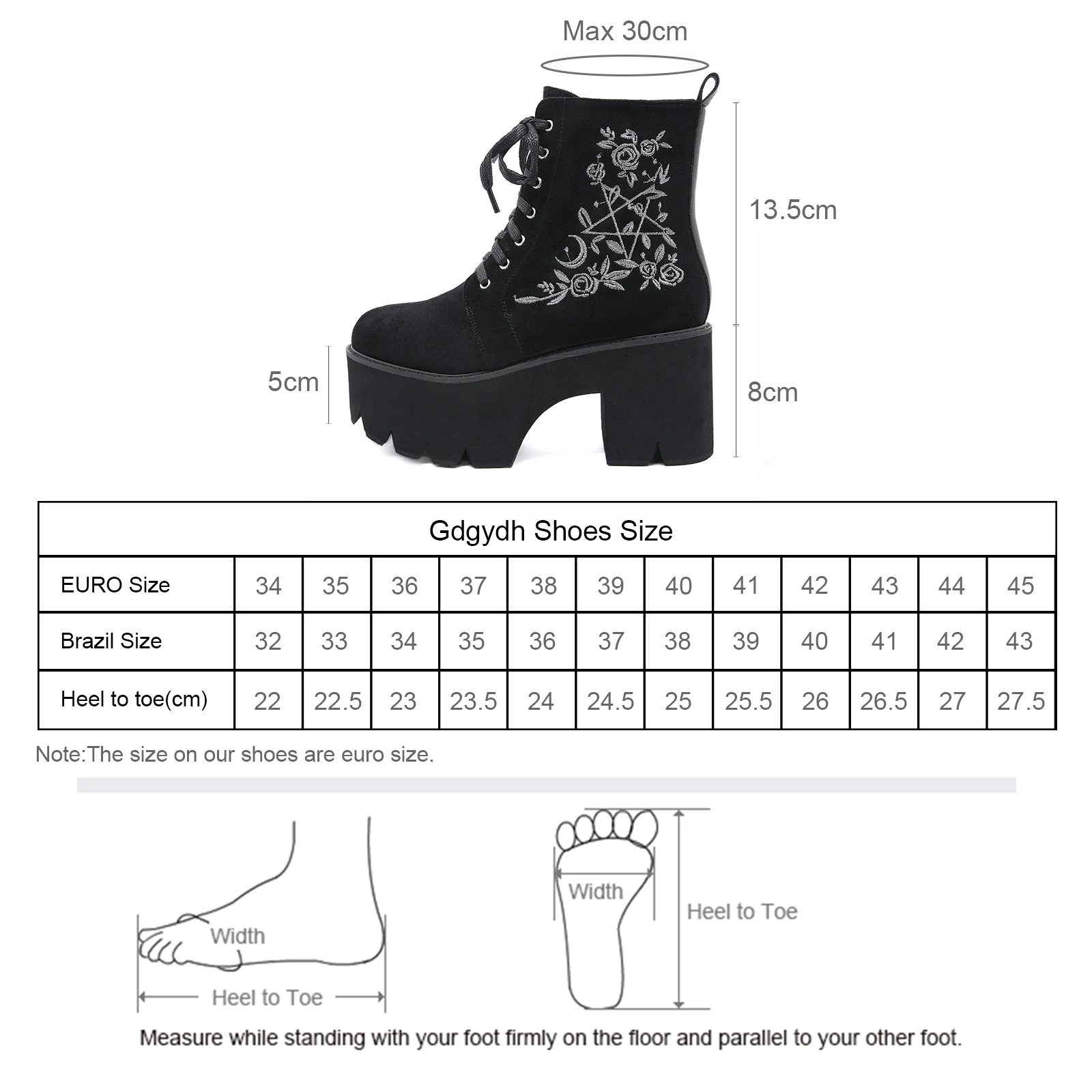 Gdgydh Women\'s Black Side Zipper Combat Boots Fashionable Lace Up Boots Platform Flower Embroidery Details Goth Shoes