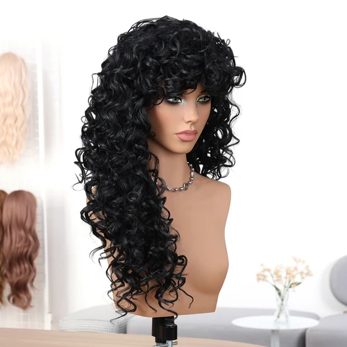 Imagen 2 del producto LOUIS FERRE pelucas sintéticas largas y rizadas con flequillo para mujer, pelucas naturales negras para fiesta, Cosplay, pelo falso de fibra resistente al calor