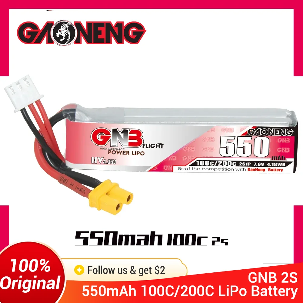 بطارية ليبو GNB 2S 7.6 فولت 550 مللي أمبير في الساعة 100C/200C HV لطائرة Happymodel FPV Racing Cine Whoop BetaFPV RC بدون طيار مع قابس XT30U-F