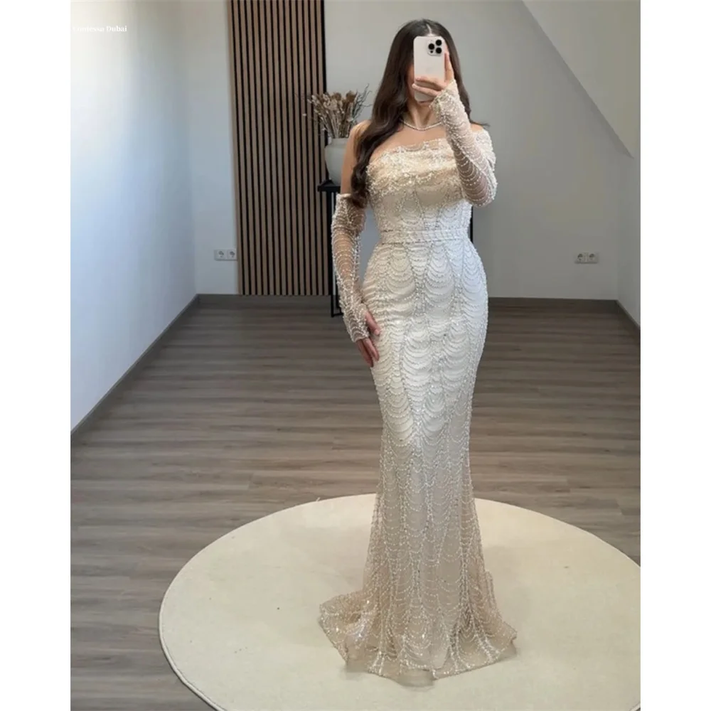 

Contessa Dubai Customized Beaed Detachable Sleeve Mermaid Prom Dress Zip Elegant Evening dresses White vestidos de festa 2025