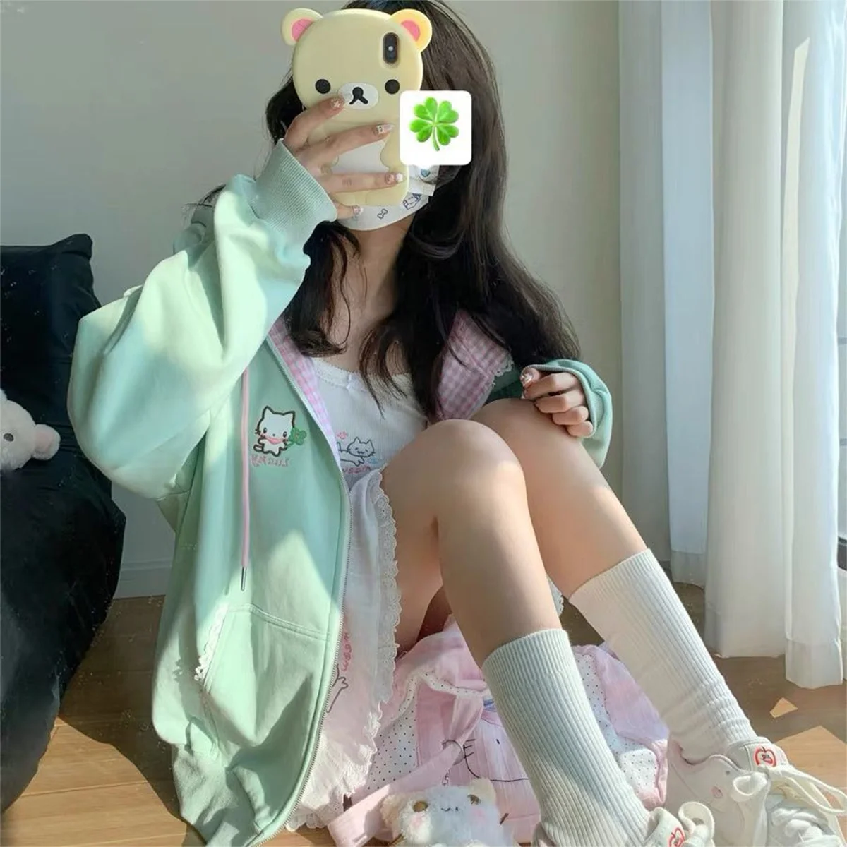 Y2k Hoodies Green Kawaii Cat Floral Print Hooded Zip-up Woman Sweatshirts Pink Ins Jacket Spring Fall Clothes Cute Streetwear view 3