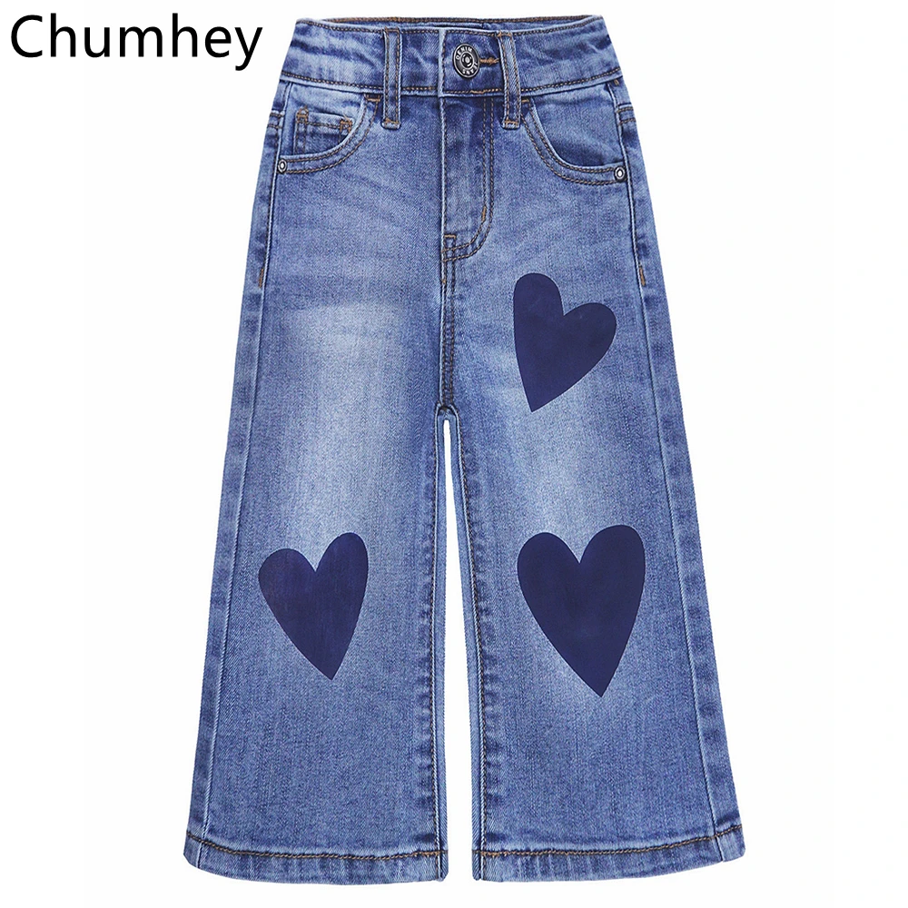 Chumhey 1-5Years Girls Jeans Wide Leg Pants Loose Soft Denim Pants Kids Trousers Toldder Clothes Girls Clothing Heart Printed