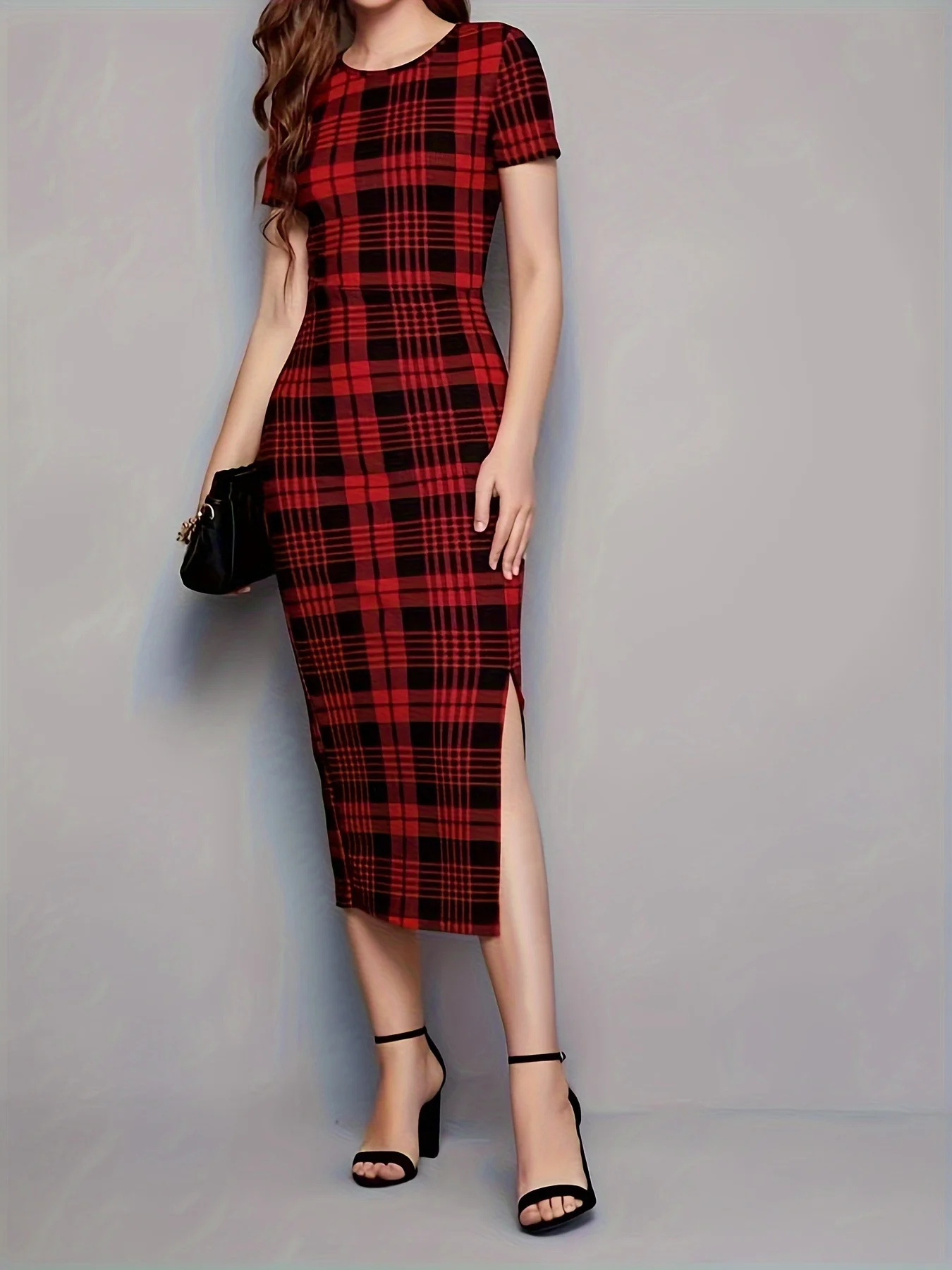 Figurbetontes Minikleid für Damen mit Tartanmuster und Wickelrock-Design, Modisch für Büro und Abendveranstaltungen