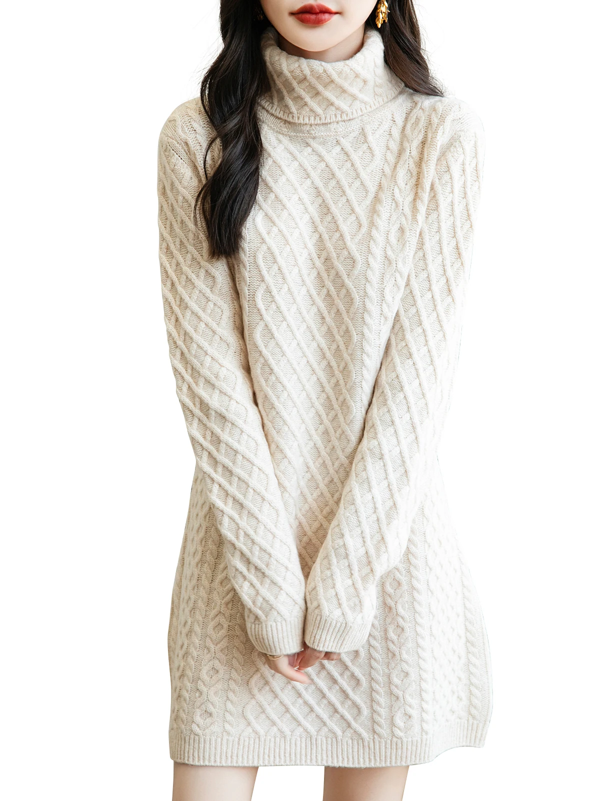 Women's Turtleneck Sweater Dress 100% Merino Wool Dresses 2024 Fall Winter Vintage Long Sleeve Knit Long Sweater Female Clothing