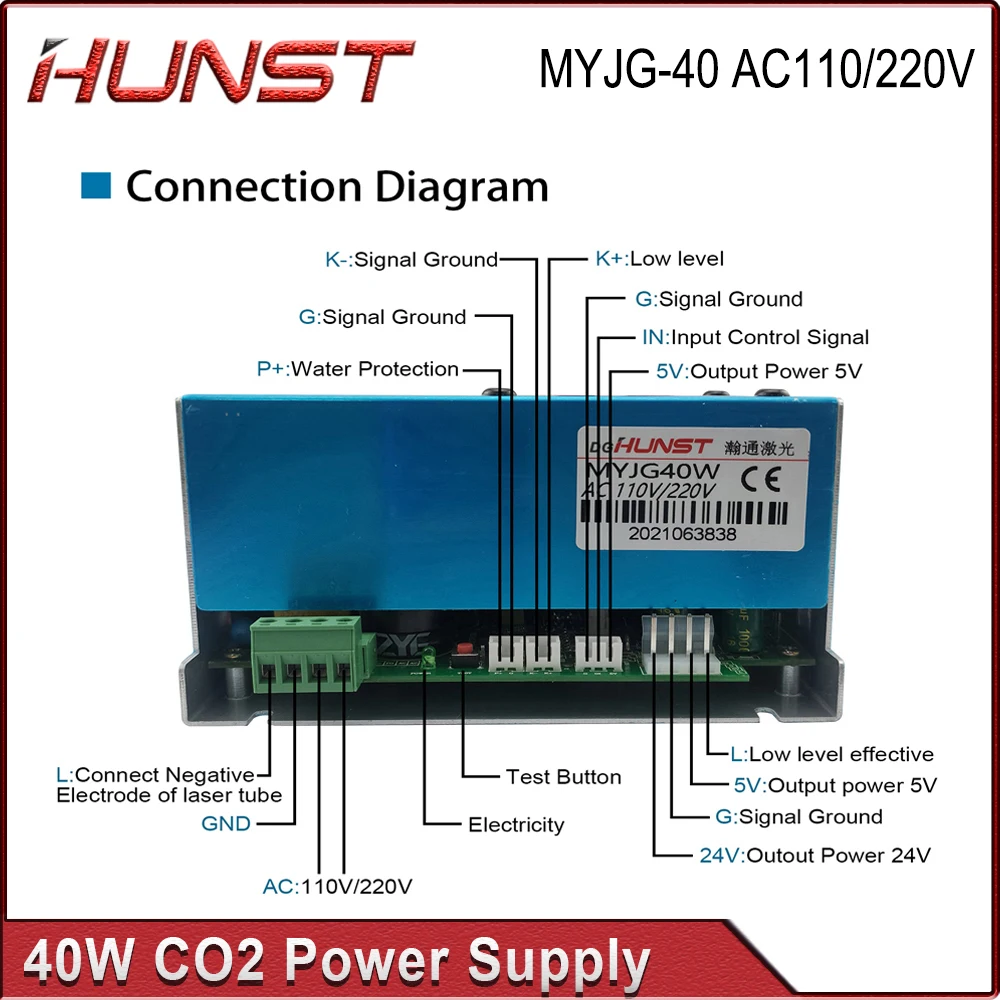 Hunst CO2 레이저 전원 공급 장치, 30W 40W 50W K40 조각 절단기, MYJG-40W 레이저 발전기, 110V, 220V