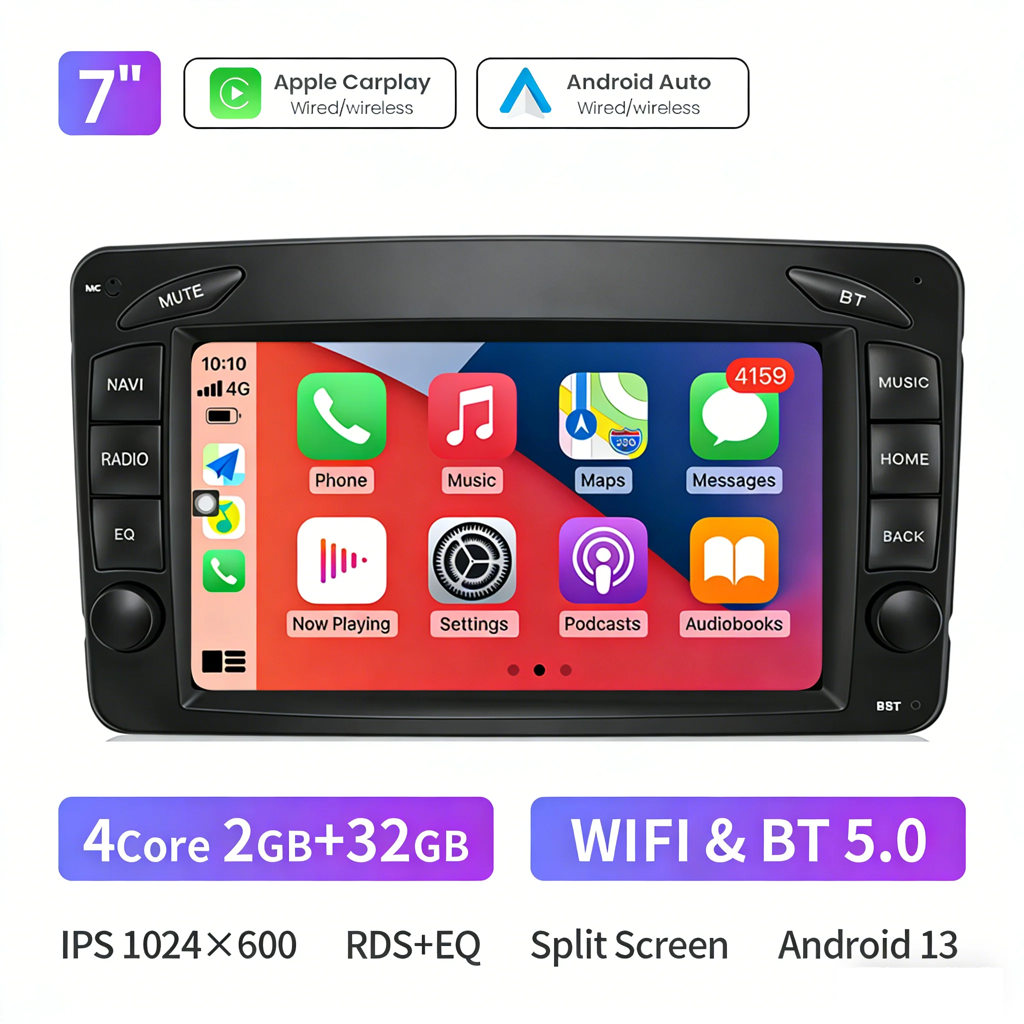 Eunavi Draadloze CarPlay Android Auto 7 Inch Radio Voor Benz CLK W209 C209 W168 W203 W463 1998-2006 4G Smart Multimedia Systemen
