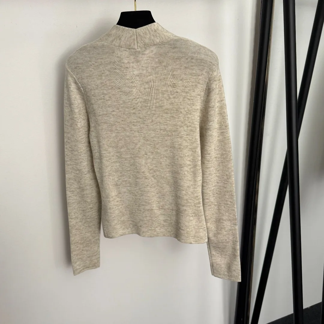 

Women's Beige V-Neck Knit Top - Slim Fit Decorative Button Long Sleeve Casual Pullover