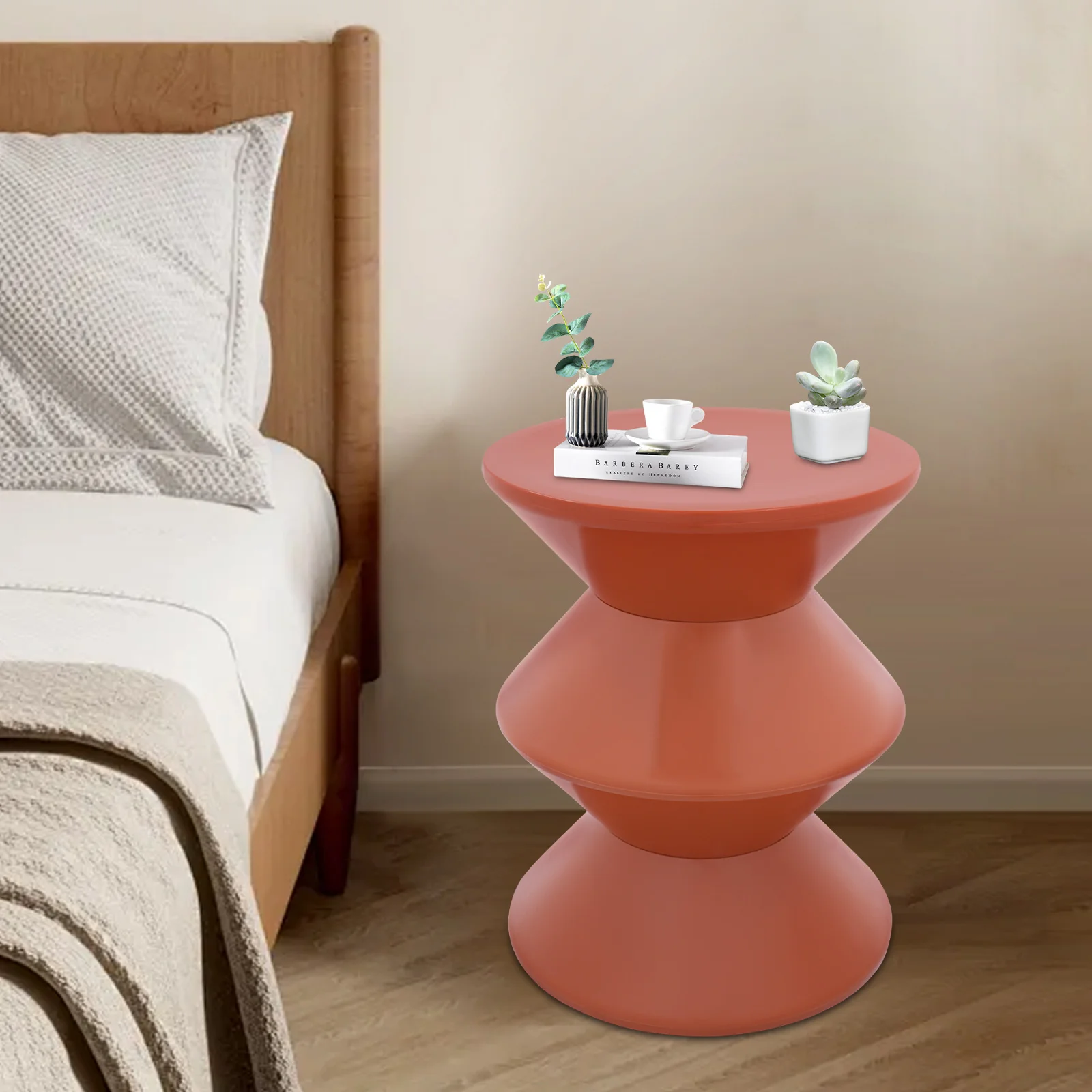 Hourglass Side Table, Modern Round End Table with 220LB Capacity, Orange PET Accent Table for Living Room