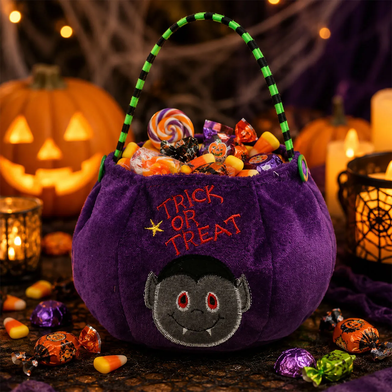 1 Stück Halloween Plüsch-Süßigkeitentasche Trick-or-Treat-Korb mit Tragegriff 4 Cartoon-Designs für Partygeschenke – Detail 2