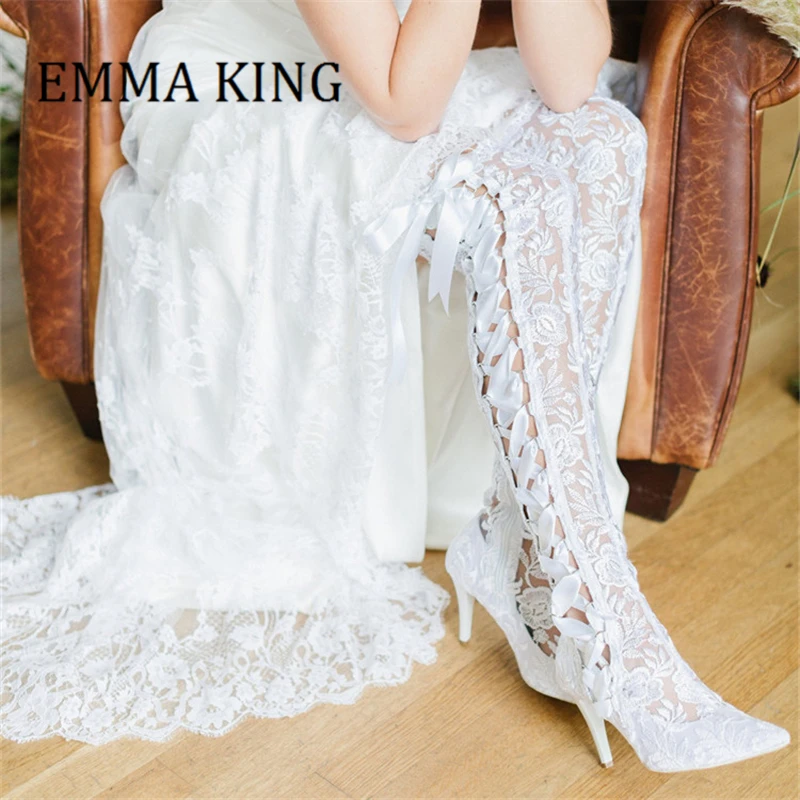 

Women Lace Up Knee High Boots Pointed Toe 10cm Stiletto High Heels Boots Lace Bridal Boots Wedding Shoes