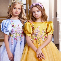 Exquisito vestido de flores para niña pequeña, vestidos de bebé, apliques hermosos, línea A, Mini mangas cortas, vestidos de fiesta de cumpleaños elegantes