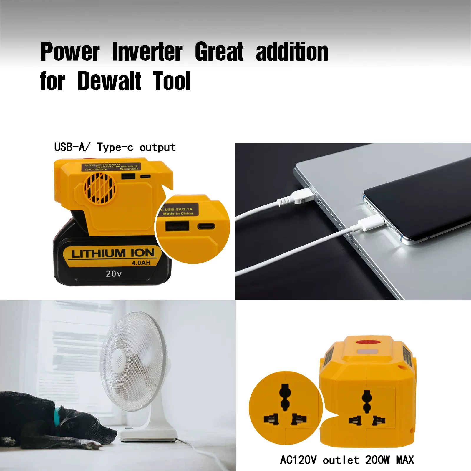 200W áram Inverter számára dewalt 20V Akkumulátor áram Állomás generátor vel 110V Account current Alvadás &USB port&type-c Bal oldal (no battery)