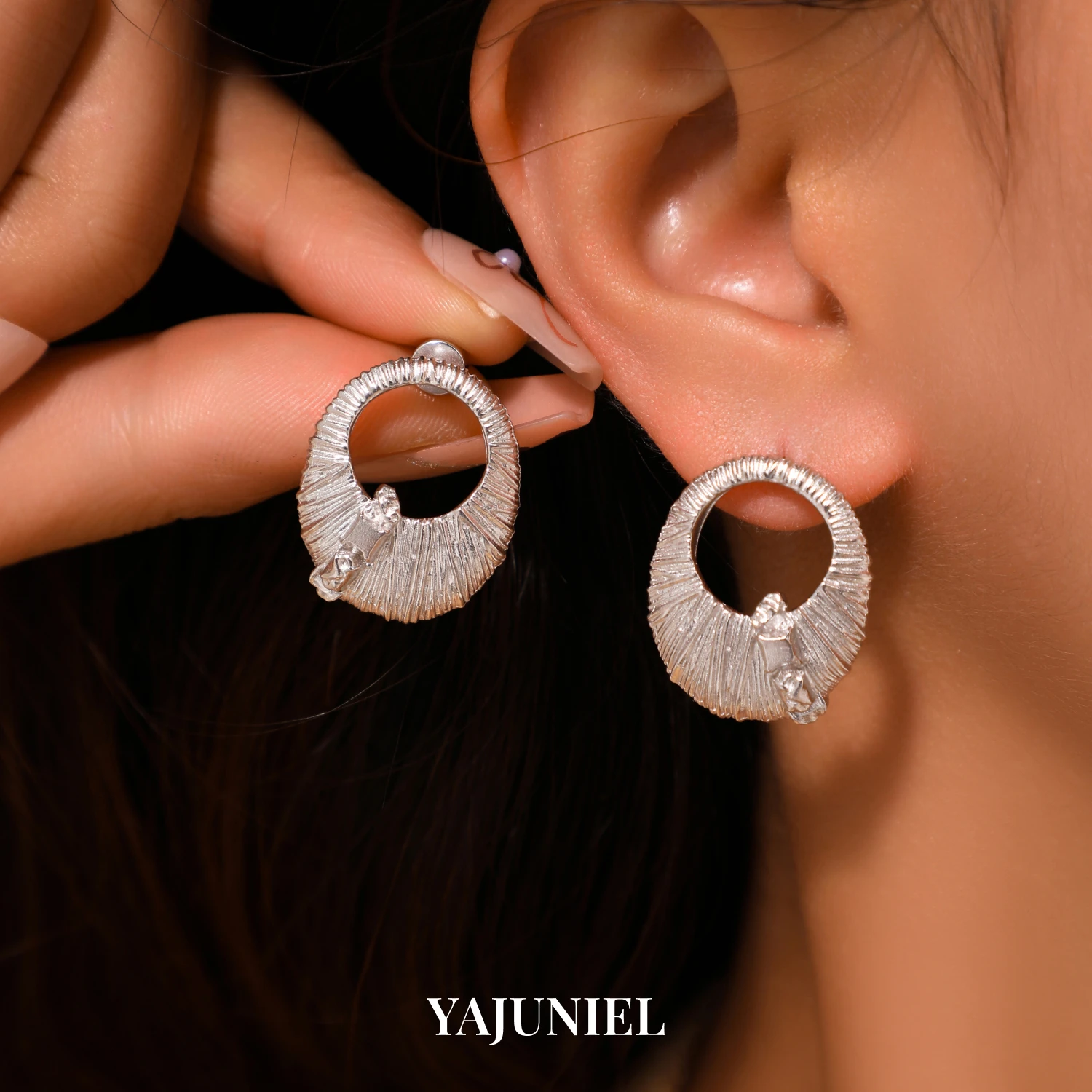 YAJUNIEL Statement Textured Stud Earrings for Women White Gold Plated Hypoallergenic Brass Elegant Jewelry Gift