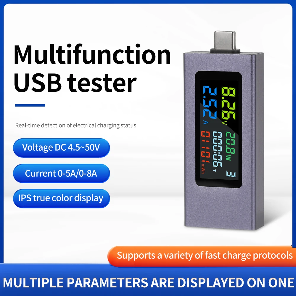 Type-C Tester DC4.5~50V 0-8A Voltmeter Amperimetro Current Voltage Meter Volt Ammeter Detector Power Bank Charger Indicator ﻿