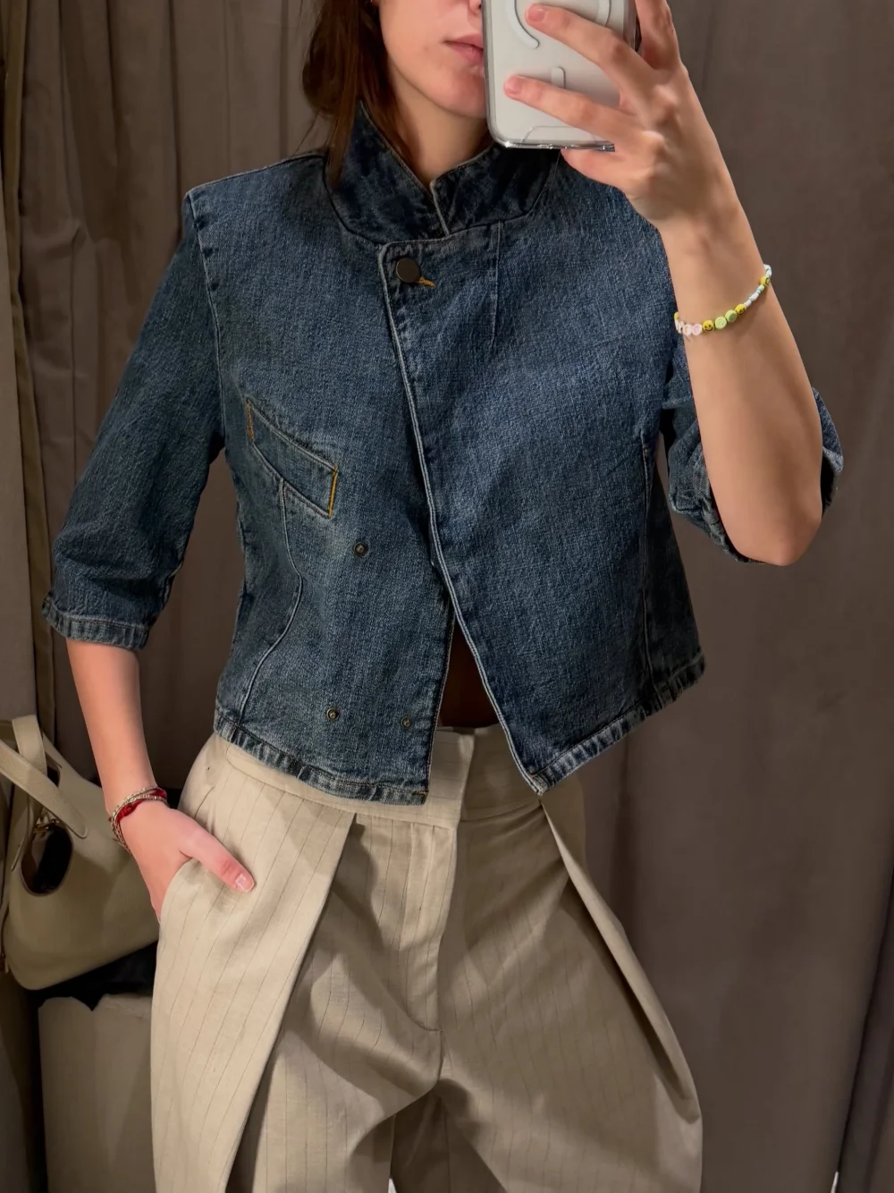 Women Asymmetric Denim Jacket Stand Collar Casual Loose Short Jean Coat French Vintage Blue Streetwear Outerwear
