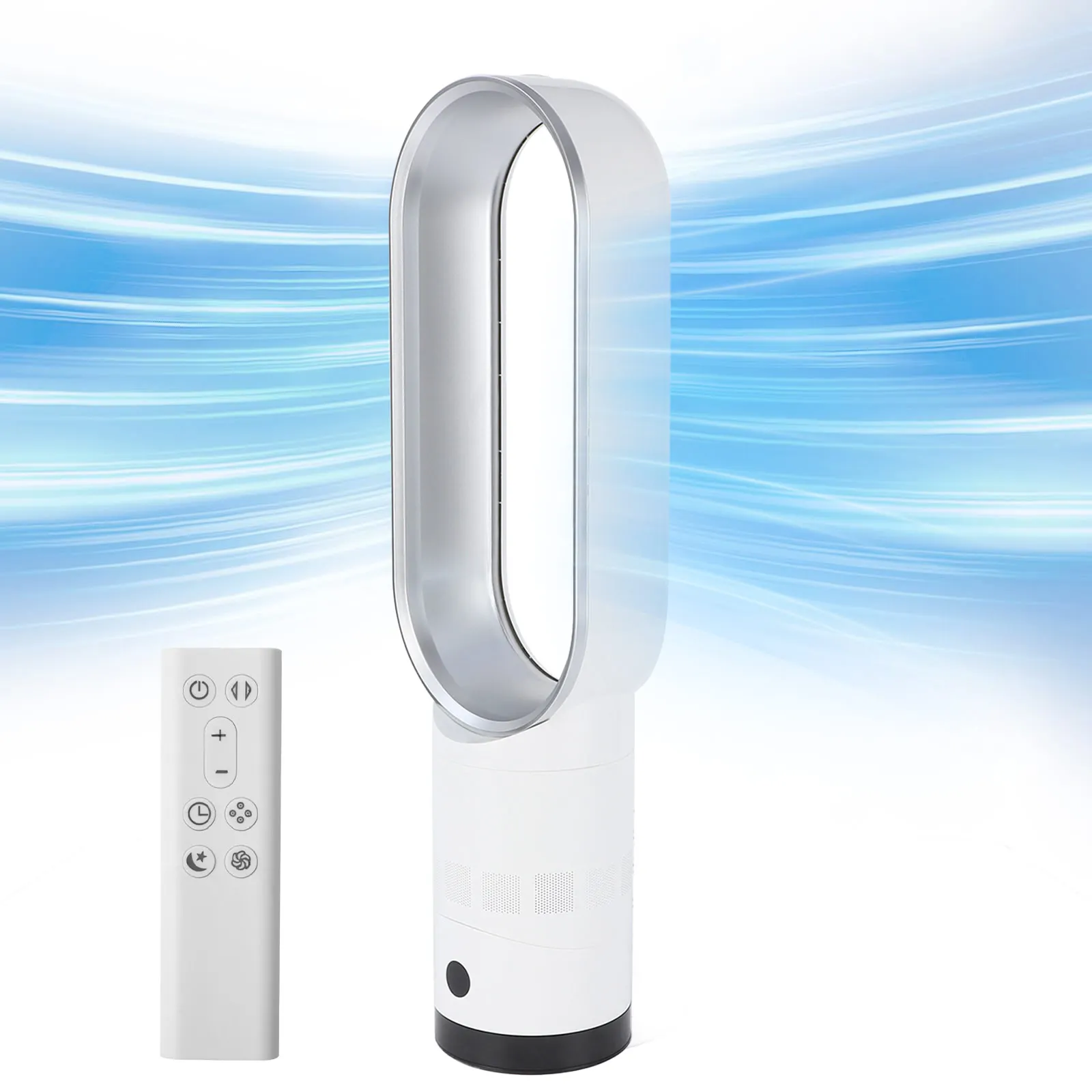 Flügelloser Turmventilator, ein 24-Zoll-Ventilator mit Kühlfunktion, Filterfunktion und Luftreinigungsfunktion, ausgestattet mit 6 Modi, vertikaler und horizontaler Oszillation, Timer und 10