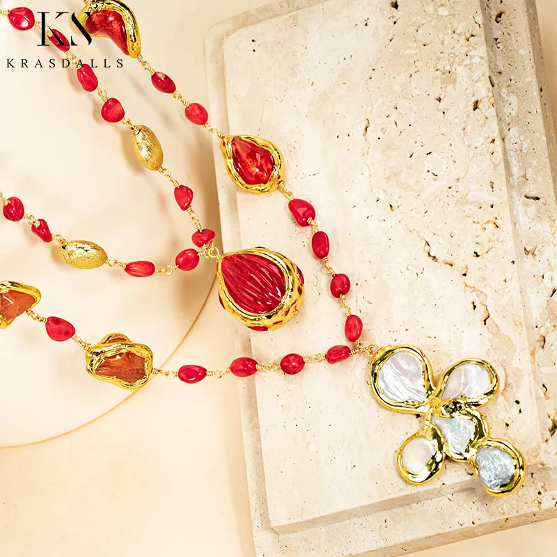Vintage Natural Red Coral and Pearl Gold Plated Gemstone Beaded Double Necklace Jewelry for Women's Party Wedding