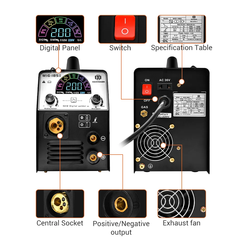 Полуавтоматический сварочный аппарат HZXVOGEN 5 в 1 MIG 185, газовый смешанный негазовый MIG/TIG/ARC/MMA/MAG, многофункциональный MIG185II 1 ~ 12 мм