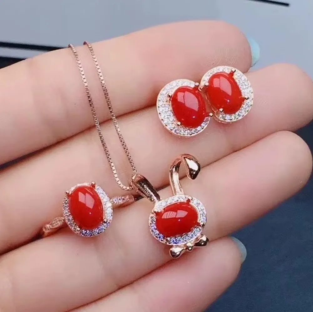 

KJJEAXCMY 3-Piece Set 925 Sterling Silver Natural Red Coral Jewelry - Earrings Ring Pendant Perfect Parties Birthdays Weddings